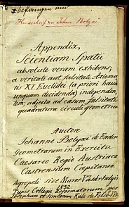 Bolyai János Appendix címû  mûve kéziratának címoldala